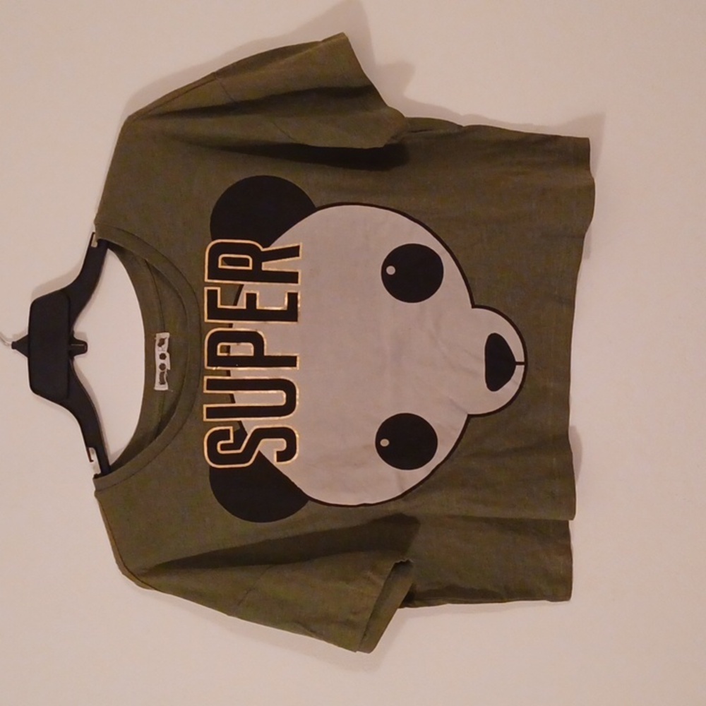 Vintage Super Cute Panda Bear Crop Top TEE tshirt olive